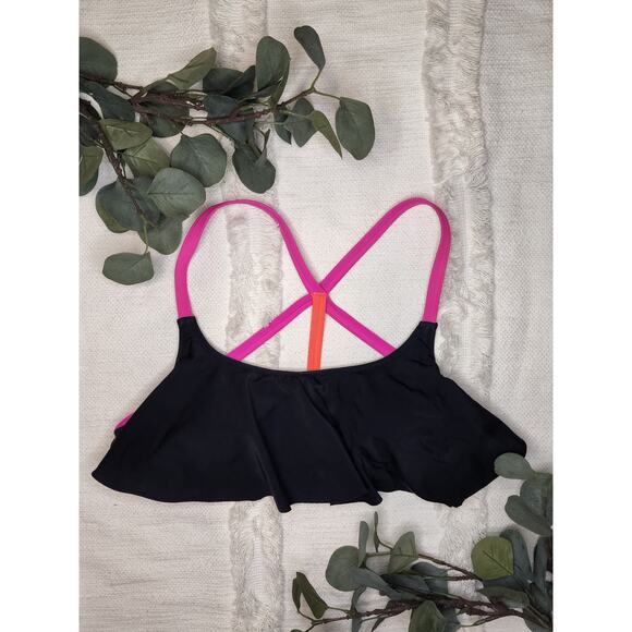 Pink Ruffle Open Back Bathing Suit Top in Black, Pink,Orange - Picture 1 of 7